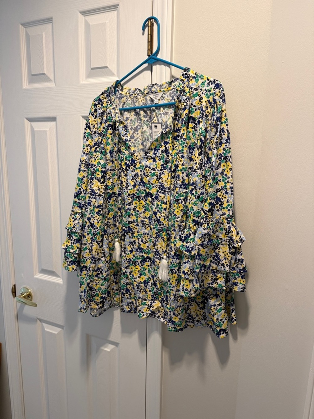 crown & ivy Floral Ruffle Tassel Tunic - Yellow, Blue & Green